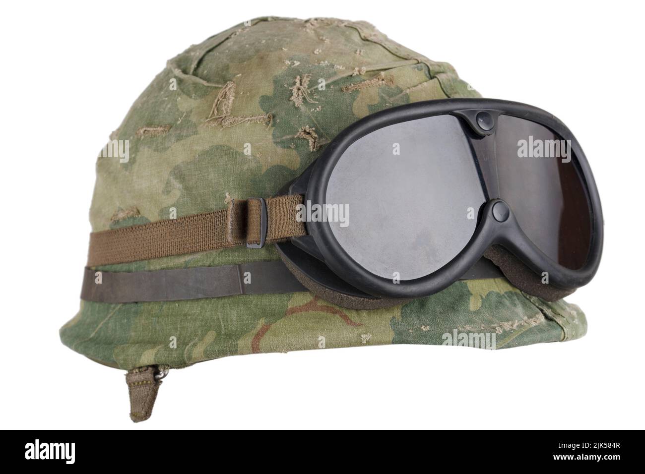 US Army helmet Vietnam war period with camouflage cover goggles isolated on white Stock Photo