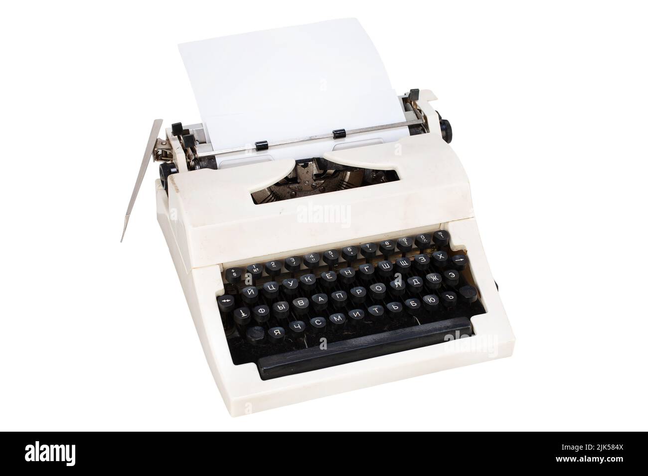 White typewriter with cyrillic keyboard layout USSR era isolated on white background Stock Photo