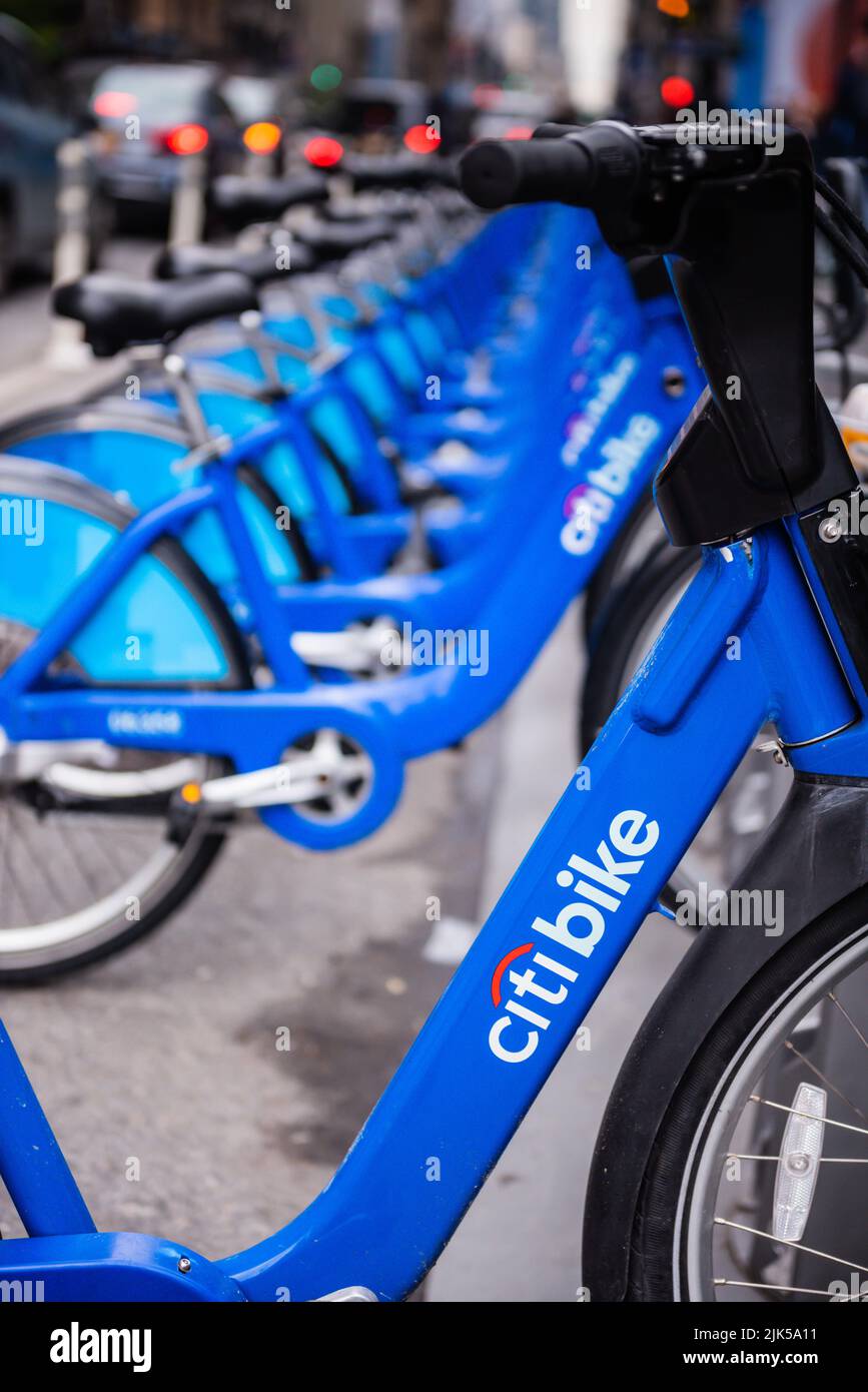 New York, NY/USA - 05-07-2016: Bikes for hire in Manhattan. Citibike is public bicycle sharing system. Stock Photo