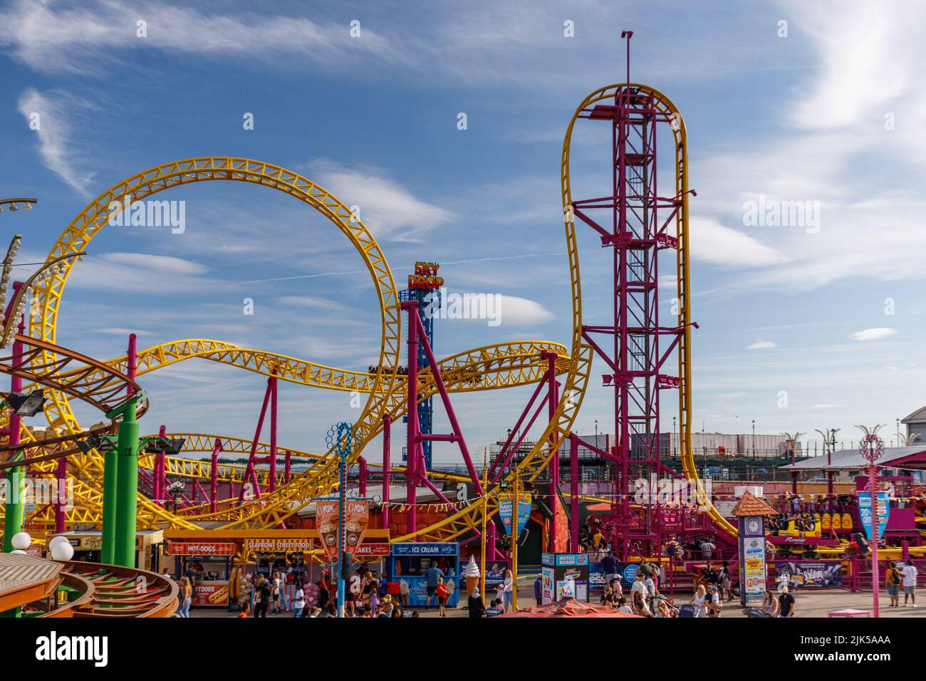 Adventure Island Amusement Park and Roller coaster tracks on a sunny day in England Stock Photo