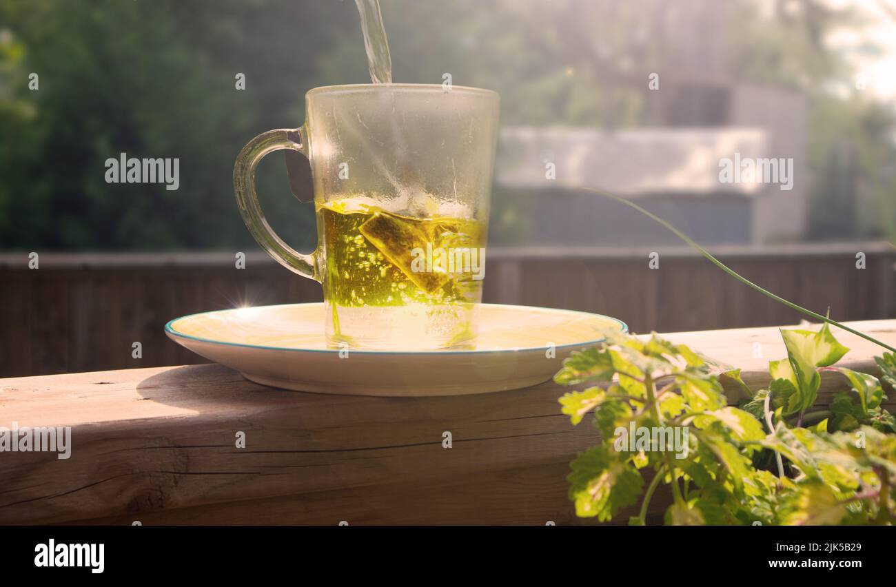 Pouring hot water in a glass cup with a tea bag Stock Photo Alamy