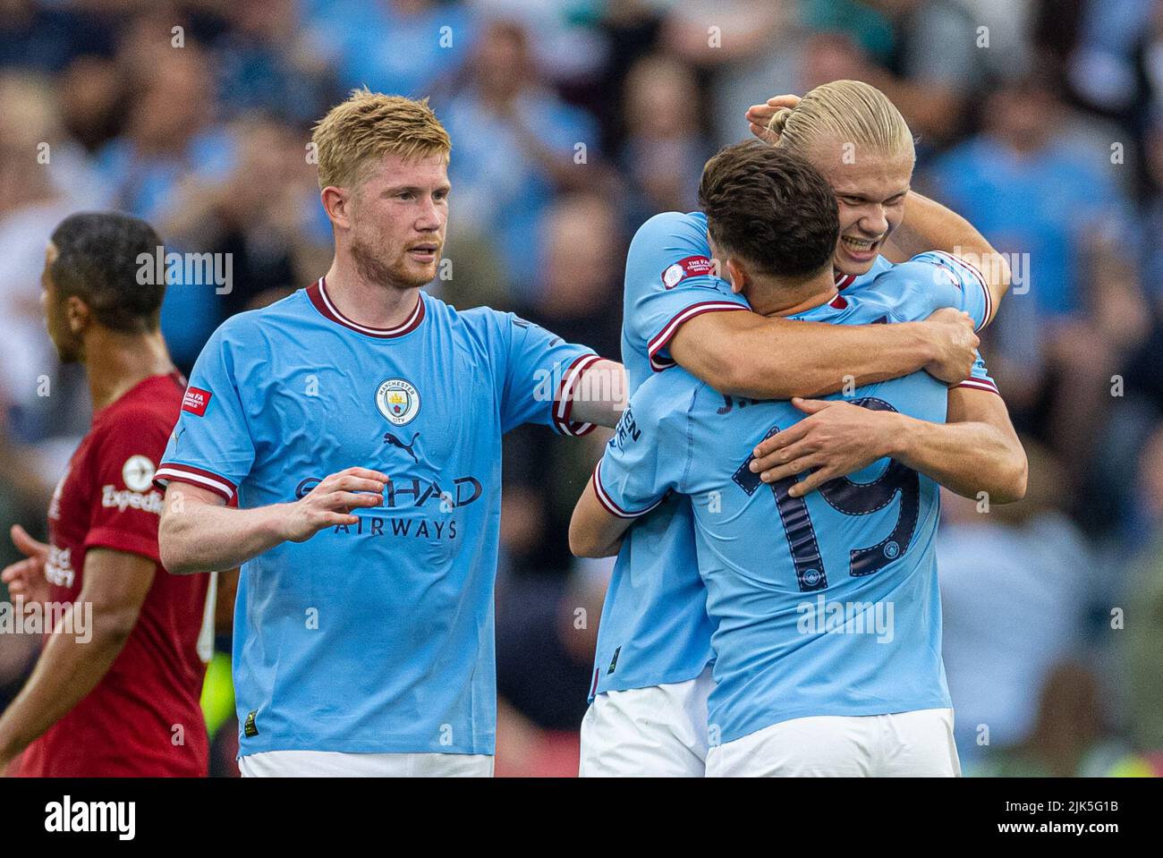 Leicester. 31st July, 2022. Manchester City's Julian Alvarez (R, front) celebrates scoring with teammates Erling Haaland and Kevin De Bruyne after scoring an equalising goal during the English Community Shield match between Liverpool and Manchester City in Leicester, Britain, on July 30, 2022. Credit: Xinhua/Alamy Live News Stock Photo