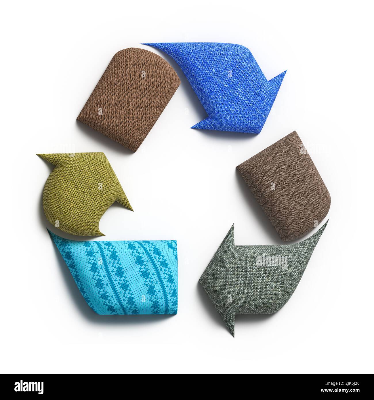 Recycle textiles, recycle symbol make with recycled fabric, reduce textile waste and promote