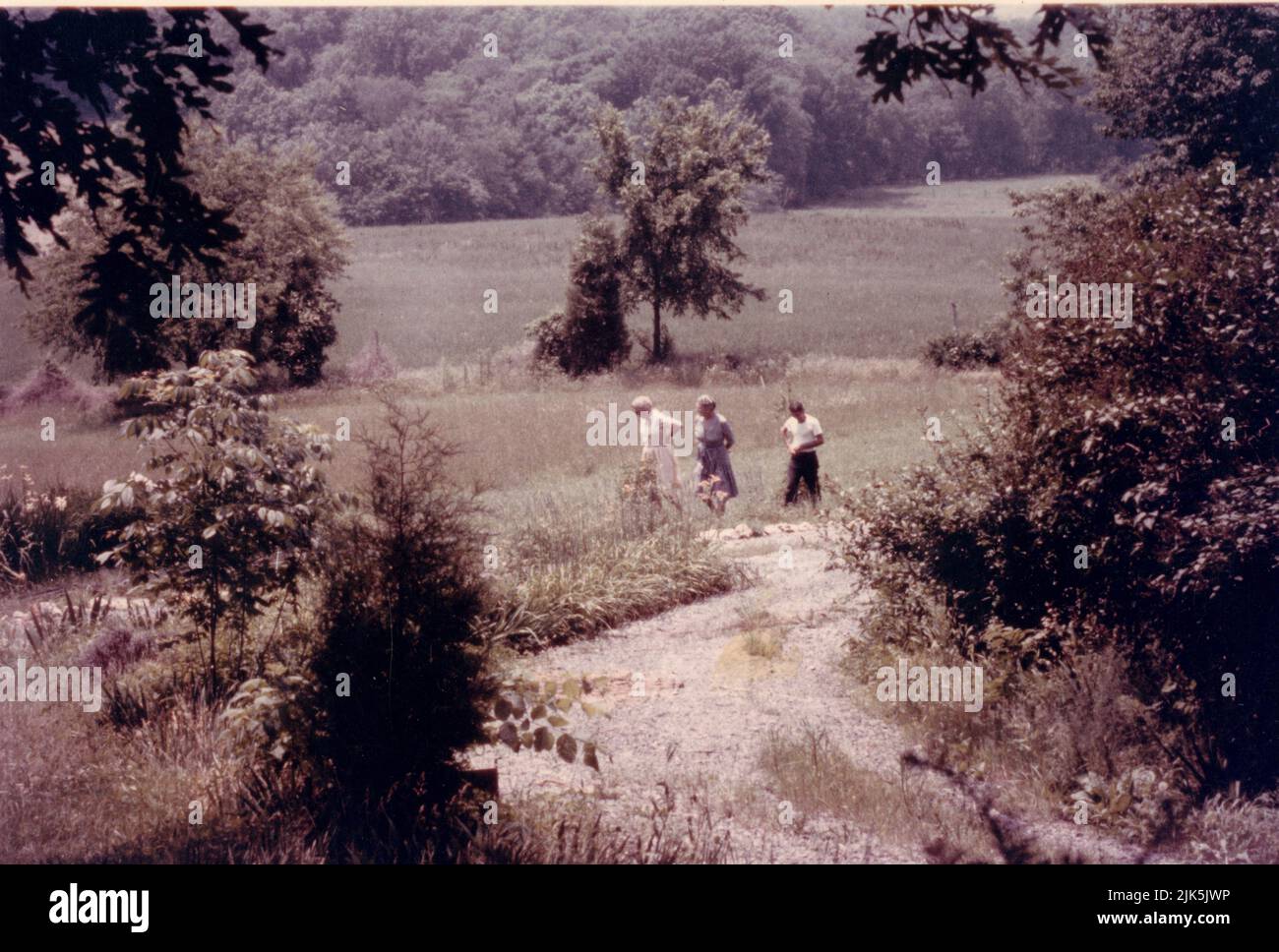 Legendary US spy, Virginia Hall Goillot is seen in this 1970's photograph with her husband, Paul Gaston Goillot and an unidentified friend walking in the meadows behind their house. Virginia and Paul spent hundreds of hours planting bulbs there (Paul dug the hole, Dindy placed the bulb) and if you visited on the right day, you would see the fields bejeweled with colorful flowers. Virginia was grateful for this tranquil place after her extraordinary 25 year career in espionage which spanned WW2 and the Cold War. Stock Photo