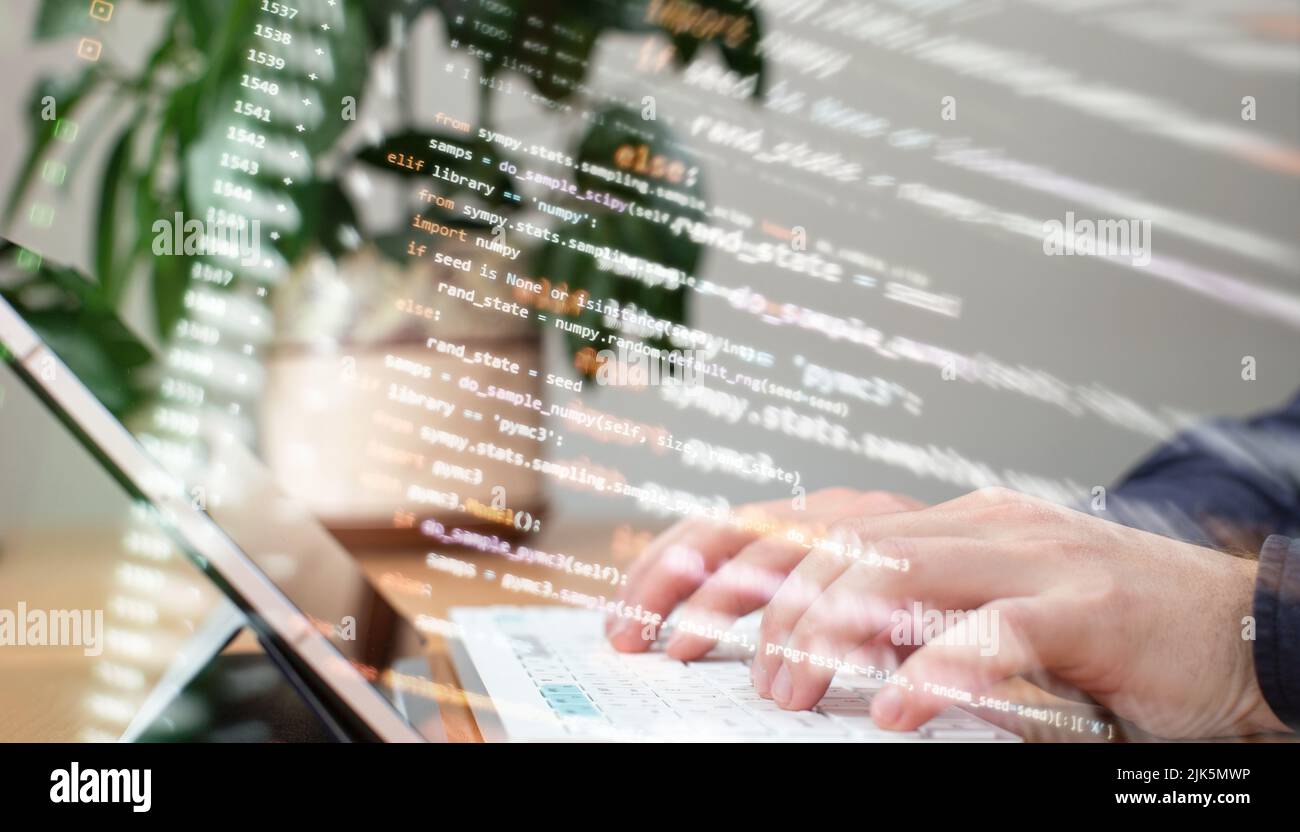 WWW programming. Web programming functions on laptop on laptop. IT business. Python code computer screen. Mobile application design Concept. Stock Photo