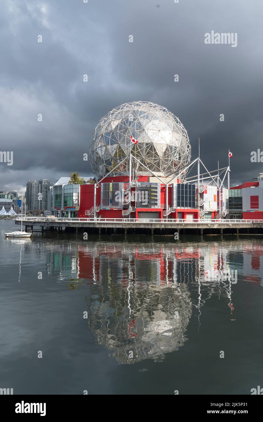 The Science World dome with reflections in False Creek in Vancouver, British Columbia, Canada. Stock Photo