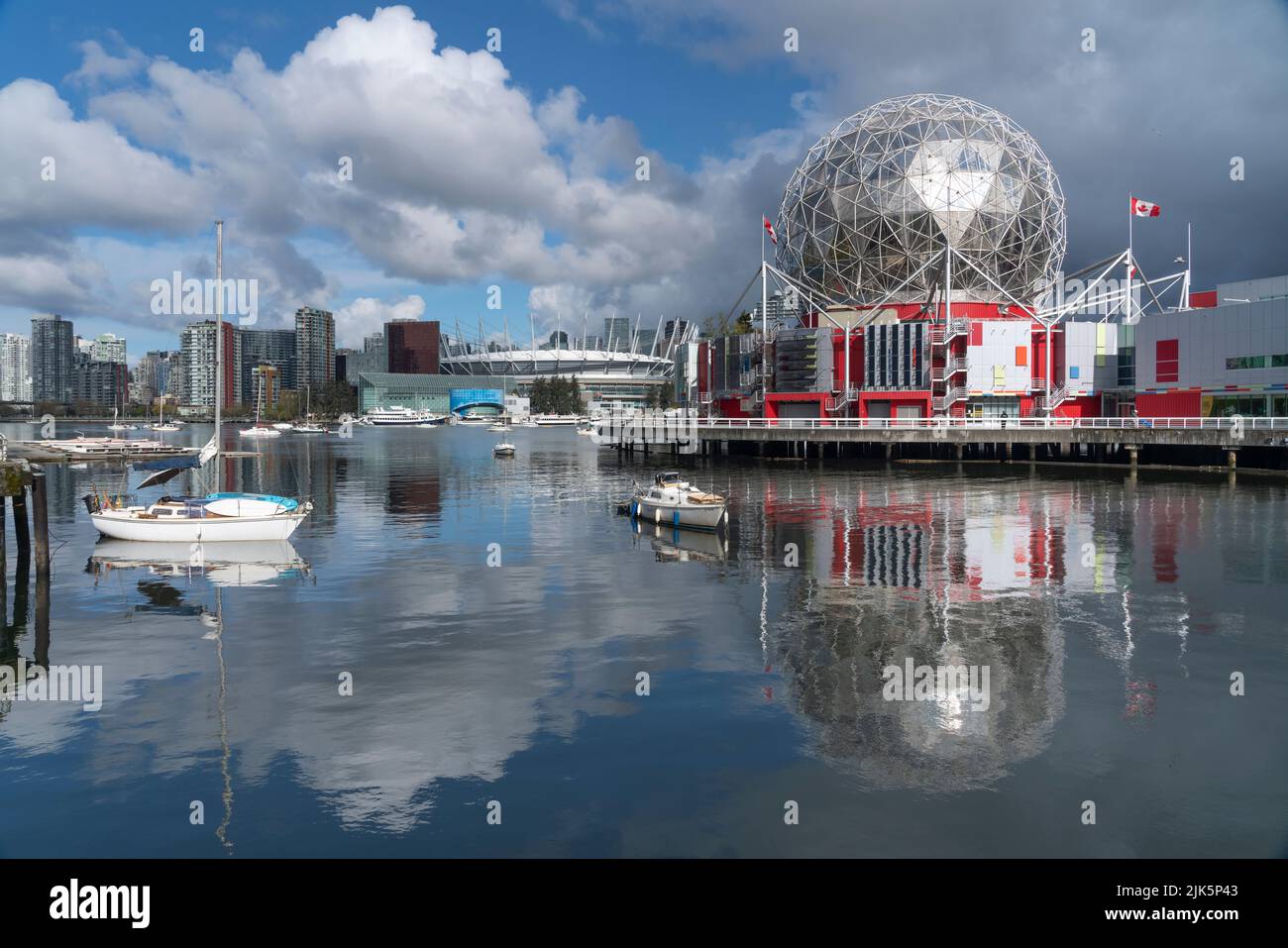 The Science World dome with reflections in False Creek in Vancouver