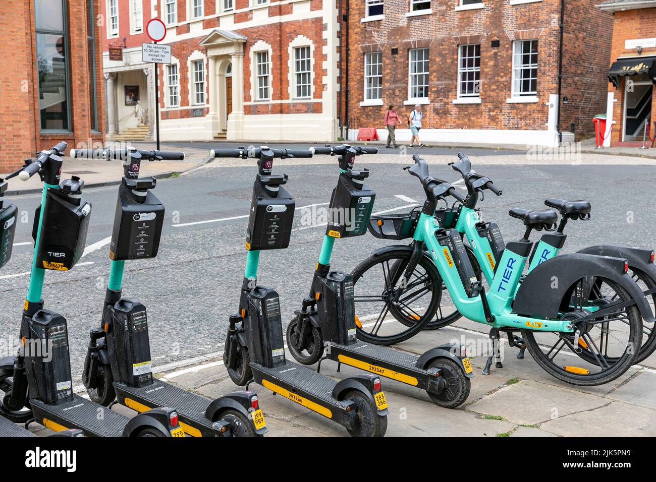 Tier e bikes and electric bikes and scooters for hire rent in City of York,Yorkshire,England,summer 2022 Stock Photo