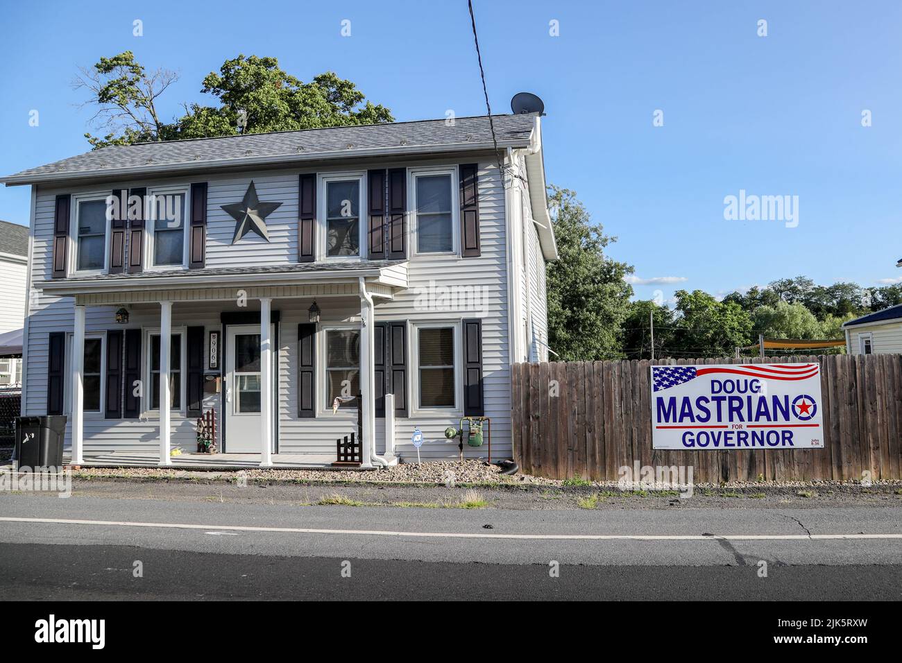 Danville, United States. 30th July, 2022. A large sign in support of Doug Mastriano is attached to a fence in Mahoning Township. Mastriano is the Republican nominee for governor of Pennsylvania. Credit: SOPA Images Limited/Alamy Live News Stock Photo