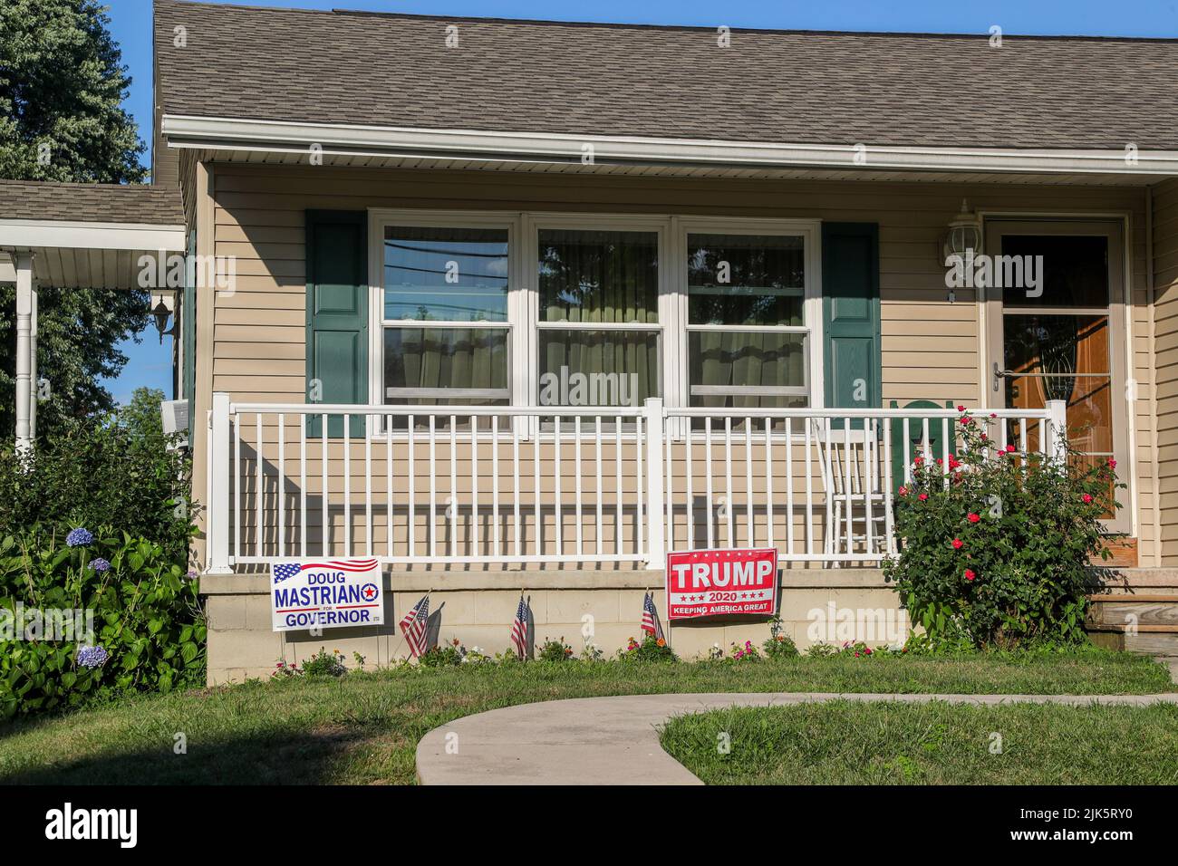 Danville, United States. 30th July, 2022. Signs in support of Doug Mastriano and Donald Trump are displayed in front of a house in Mahoning Township. Mastriano is the Republican candidate for governor of Pennsylvania. Credit: SOPA Images Limited/Alamy Live News Stock Photo