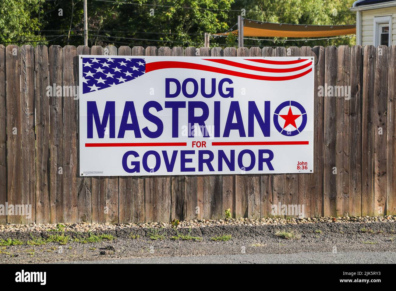 Danville, United States. 30th July, 2022. A large sign in support of Doug Mastriano is attached to a fence in Mahoning Township. Mastriano is the Republican nominee for governor of Pennsylvania. Credit: SOPA Images Limited/Alamy Live News Stock Photo