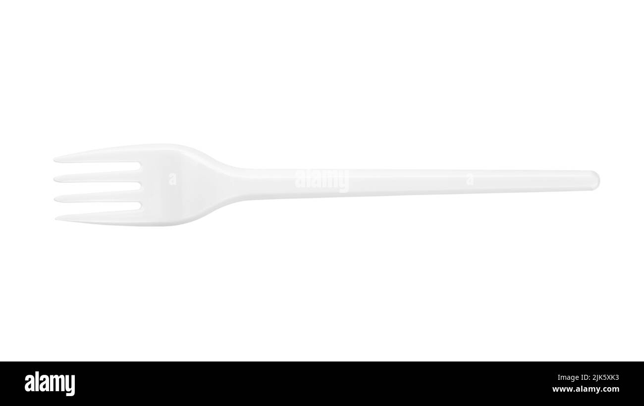 Disposable plastic fork isolated on white background, full depth of field. Design element. File contains clipping path. Stock Photo