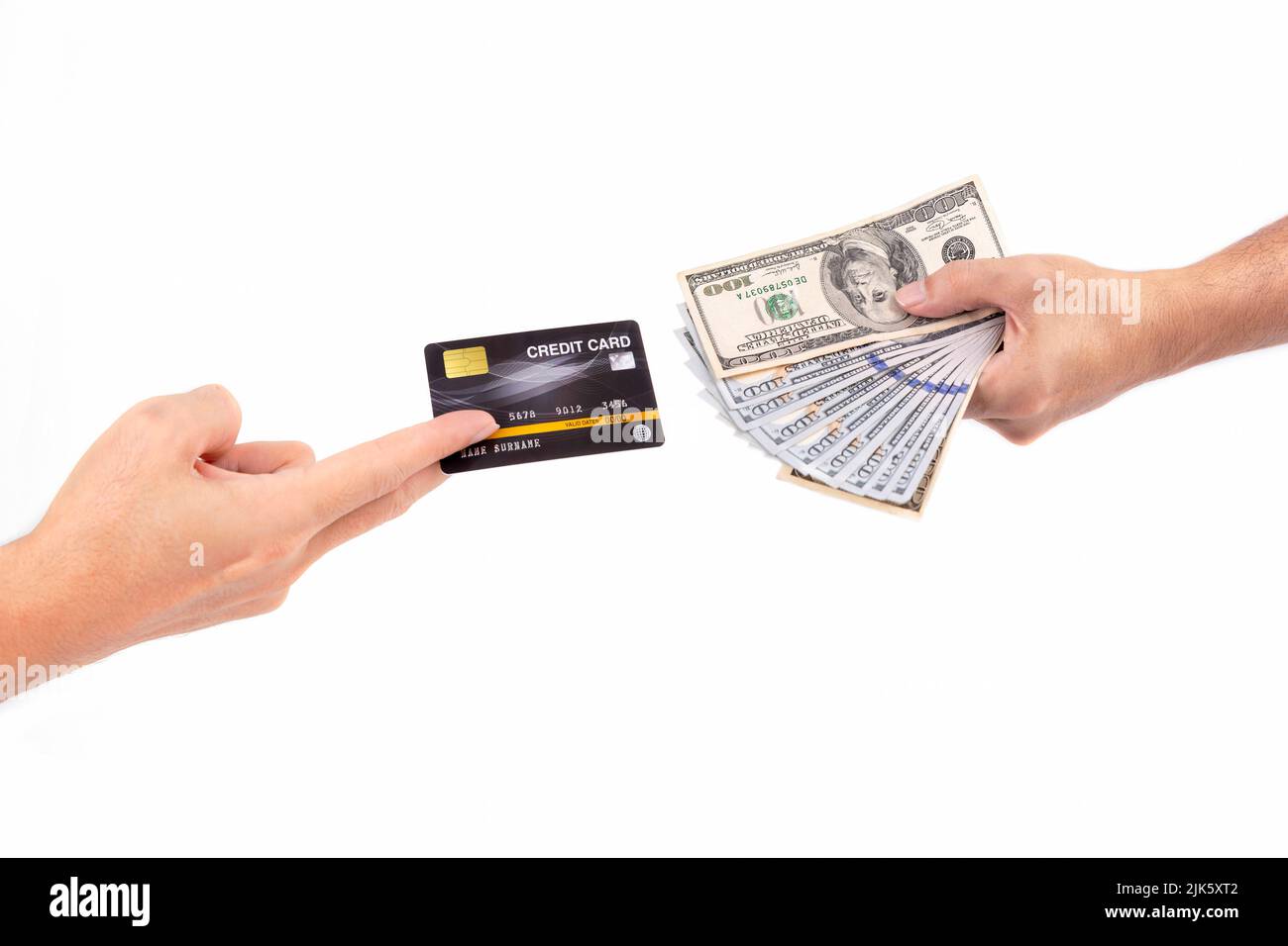 two male hands holding credit card and a giving dollars to exchange