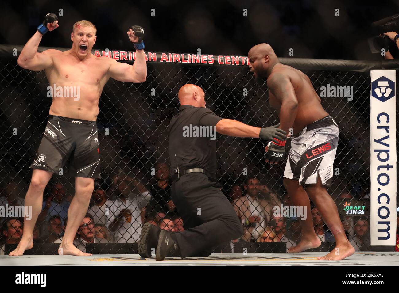 DALLAS, TX - JULY 30: (L-R) Sergei Pavlovich celebrates his victory over Derrick Lewis in their Heavyweight bout during the UFC 277 event at American Airlines Center on July 30, 2022, in Dallas, Texas, United States. (Photo by Alejandro Salazar/PxImages) Credit: Px Images/Alamy Live News Stock Photo