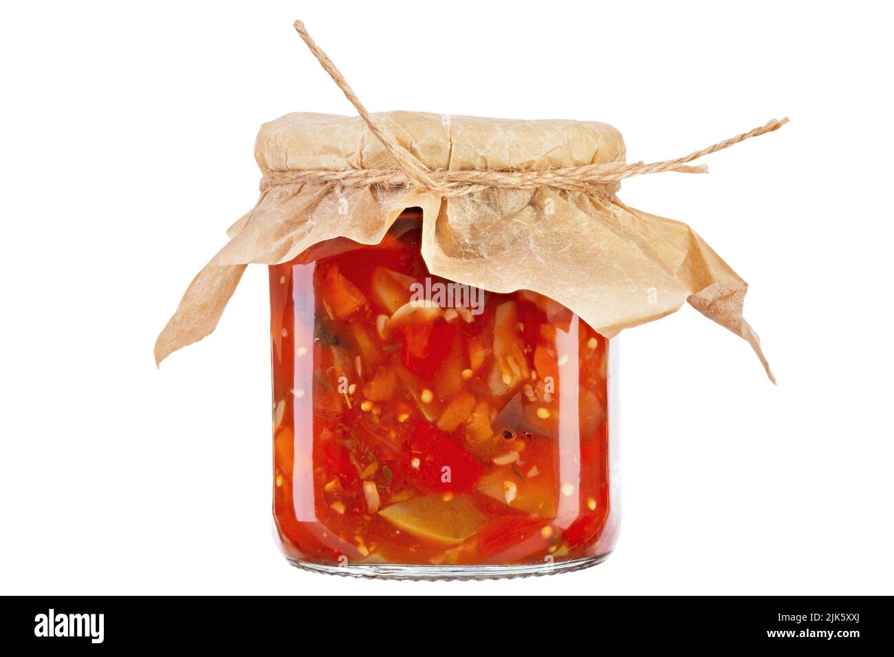 Canned eggplant in jar isolated, isolated on white background. Сanned