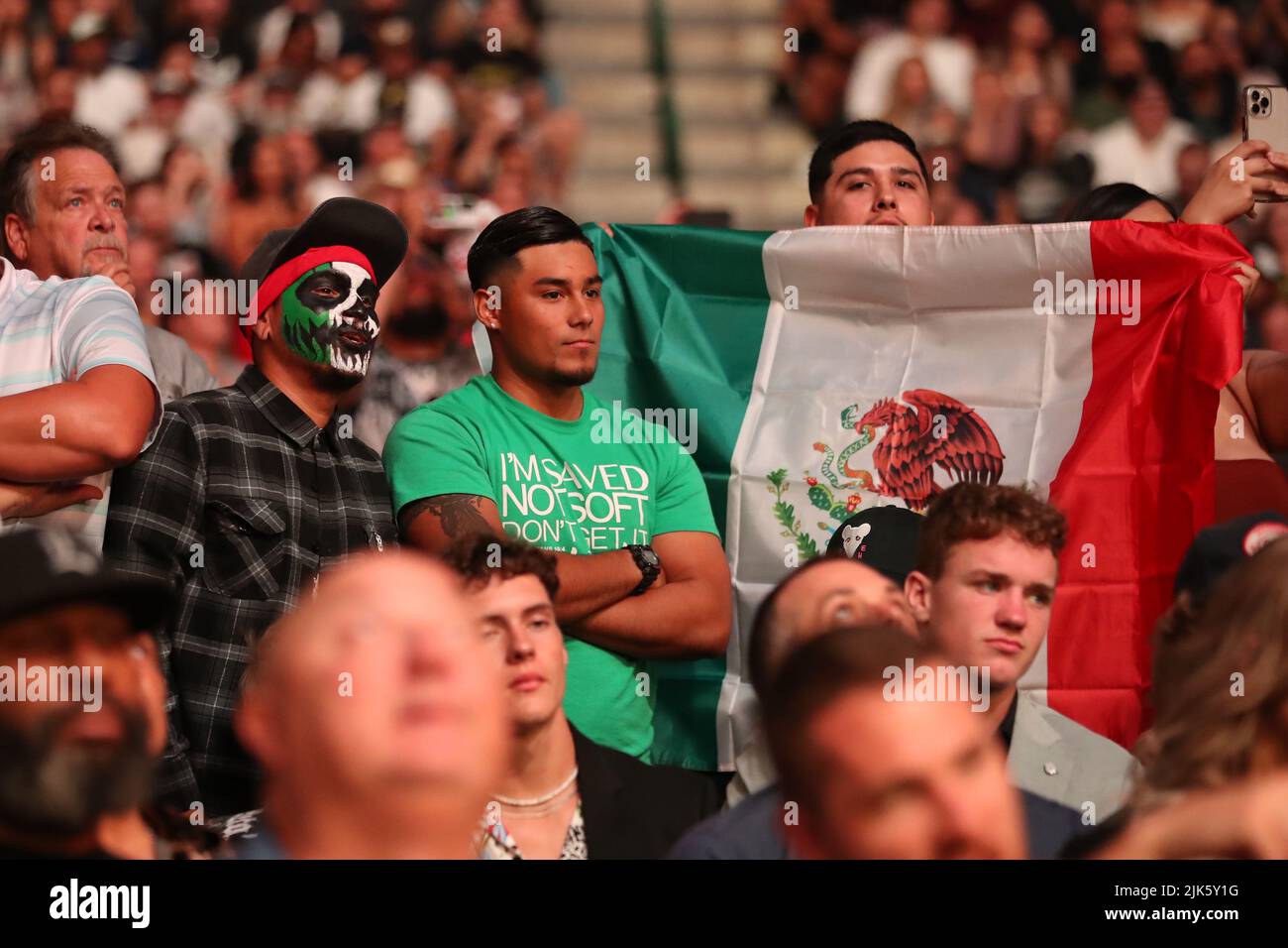 DALLAS, TX - JULY 30: (L-R) Mexican supports are seen before the fight between Brandon Moreno and Kai Kara-France in their Flyweight bout during the UFC 277 event at American Airlines Center on July 30, 2022, in Dallas, Texas, United States. (Photo by Alejandro Salazar/PxImages) Credit: Px Images/Alamy Live News Stock Photo