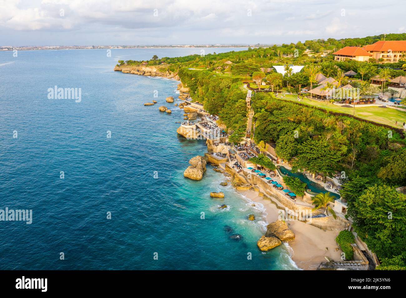 Bali, Indonesia - July 4 2022: Aerial view of the famous Ayana luxury resort and the Rock bar that lies directly on the cliff of the Bukit Peninsula i Stock Photo