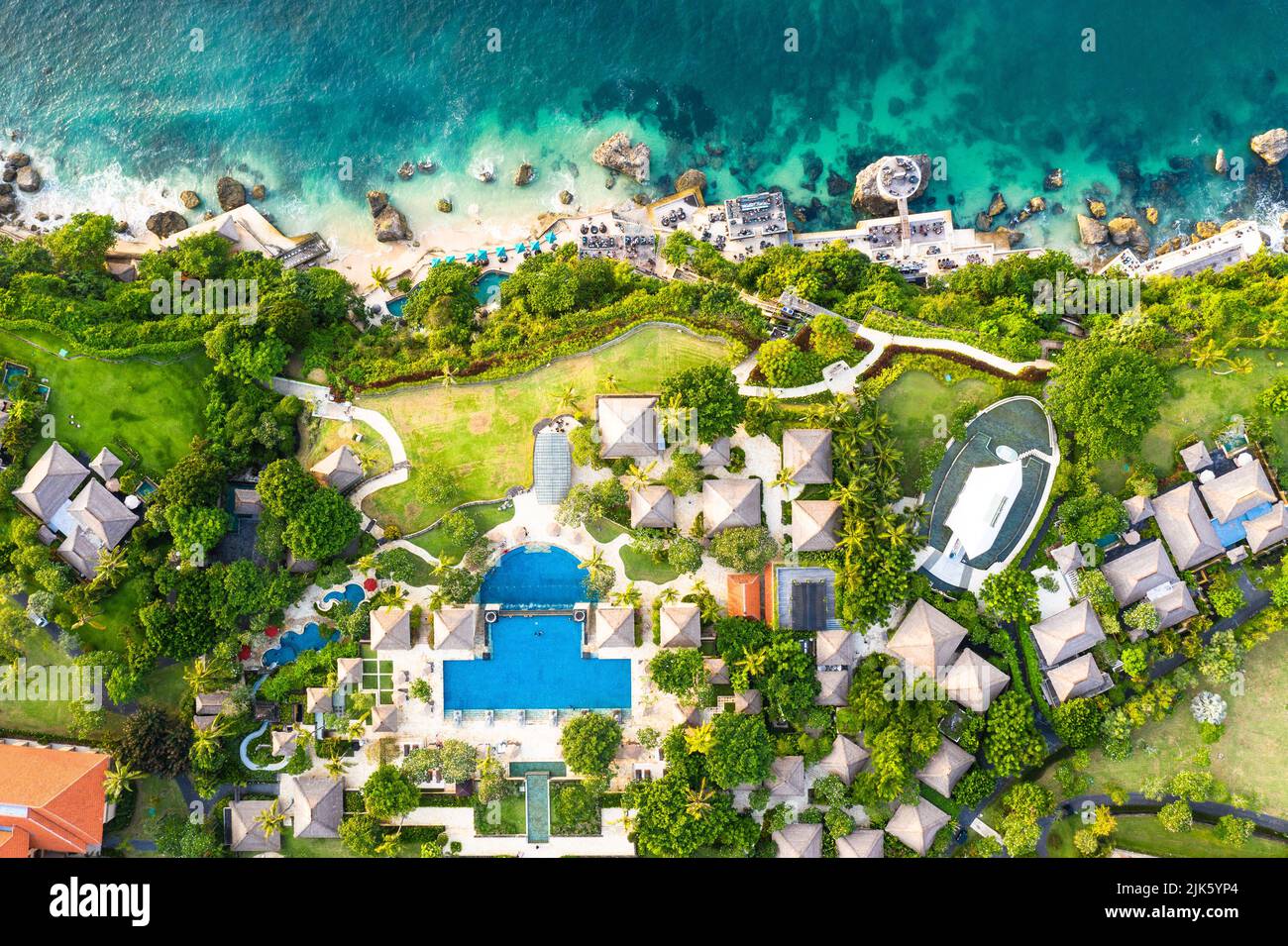 Bali, Indonesia - July 4 2022: Aerial view of the famous Ayana luxury resort and the Rock bar that lies directly on the cliff of the Bukit Peninsula i Stock Photo