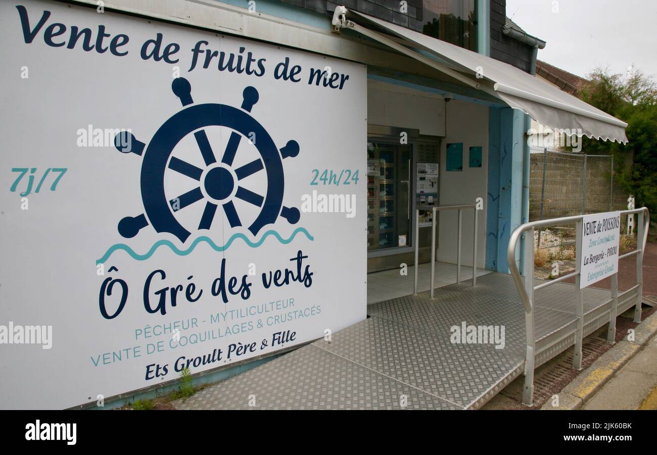 A view of the seafood vending machine at Pirou Plage, Normandy, France
