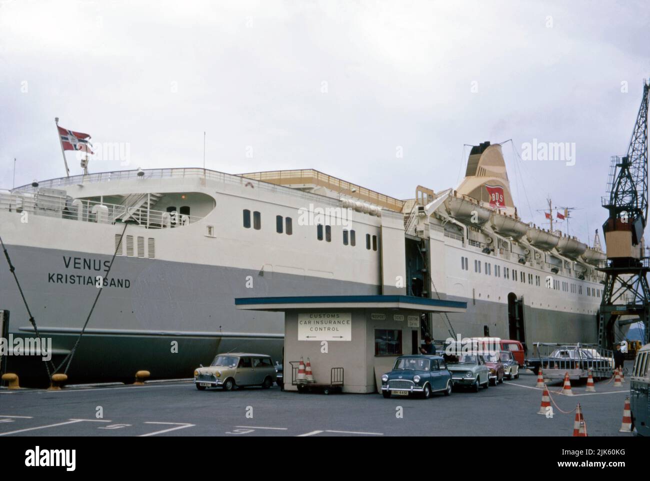 The docks at Bergen, Norway pictured in 1970. Cars are queuing at