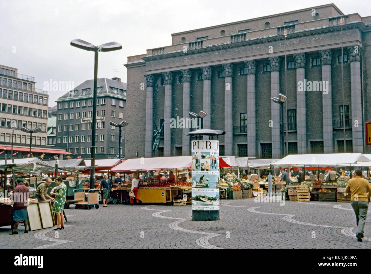 A view of the the Hötorget torghandel (market) outside the Konserthuset (Consert House) in the central Norrmalm district, Stockholm, Sweden in 1970. Norrmalm is at centre of Stockholm. In the 1950s and 1960s, large parts of lower Norrmalm were torn down to build a new and modern city. This image is from an amateur 35mm colour transparency – a vintage 1970s photograph. Stock Photo