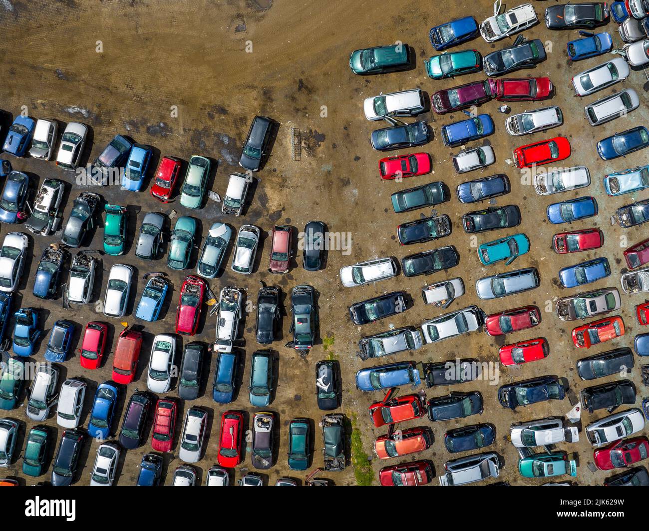 Junkyard Abandoned Cars Aerial View. Top Down View. Vehicle Demolition