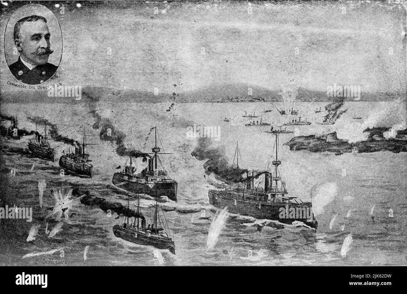 The Battle of Manila, sometimes called the Mock Battle of Manila,[1] was a land engagement which took place in Manila on August 13, 1898, at the end of the Spanish–American War, four months after the decisive victory by Commodore Dewey's Asiatic Squadron at the Battle of Manila Bay. (Wikipedia) Published early 1900s. Stock Photo