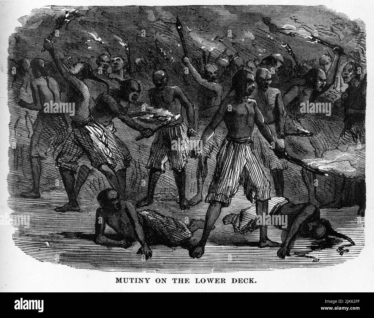 Engraving of a group of coolies during a mutiny on their ship, 1877 Stock Photo