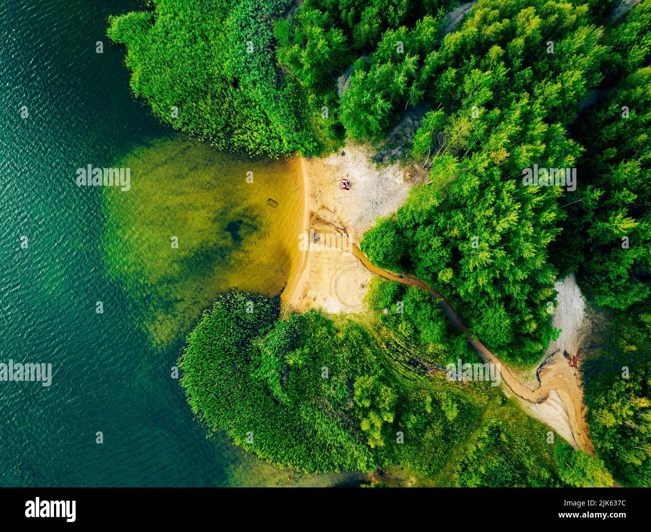 Summer holiday at the green lake. Rest on the beach, leisure time. Aerial view of small hidden beach surrounded by greenery. - Stock Image