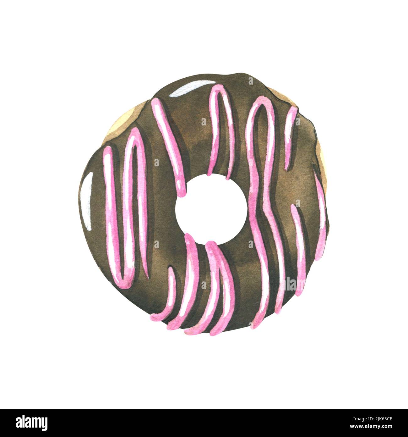 Round donut in chocolate glaze with decoration. Watercolor illustration. An isolated object from a large set of SWEETS. For the design and decoration Stock Photo
