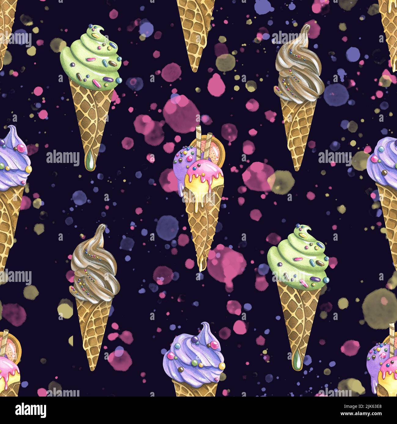 Waffle cones with ice cream with splashes of paint on a dark background ...