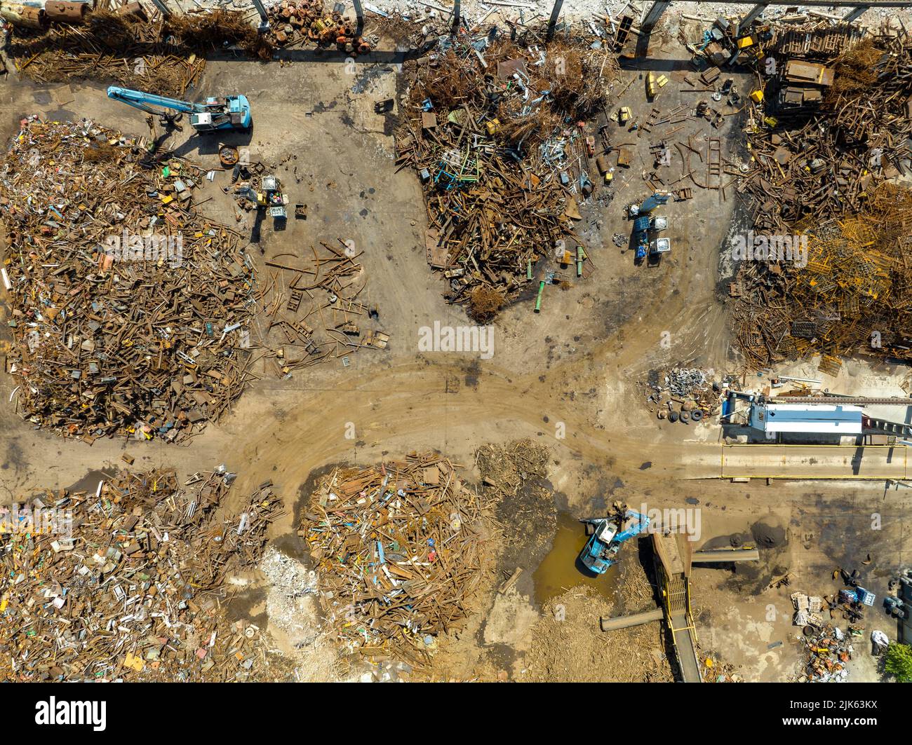 Scrap Metal Recycling. Aerial View of Industrial Scrap Processing