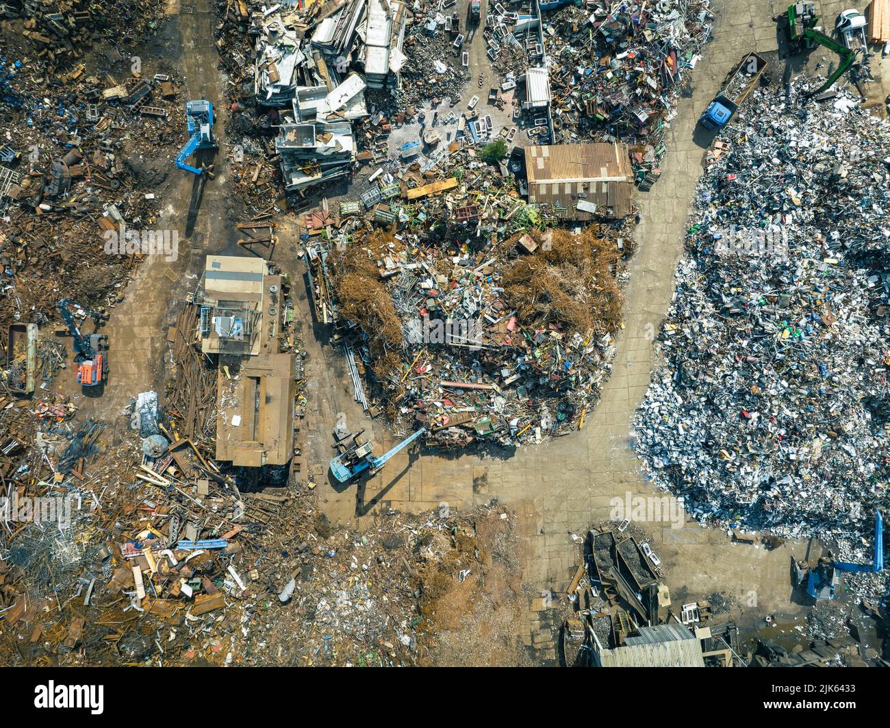 Scrap Metal Recycling. Aerial View of Industrial Scrap Processing