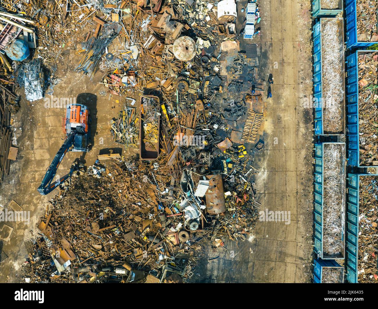 Scrap Metal Recycling. Aerial View of Industrial Scrap Processing