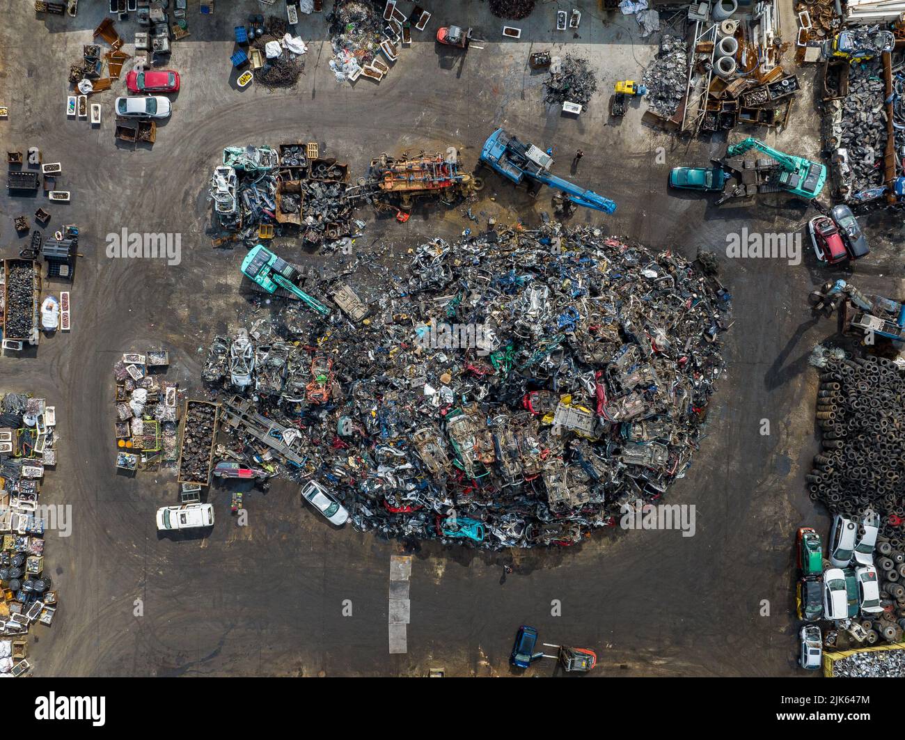 Scrap Metal Recycling. Aerial View of Industrial Scrap Processing