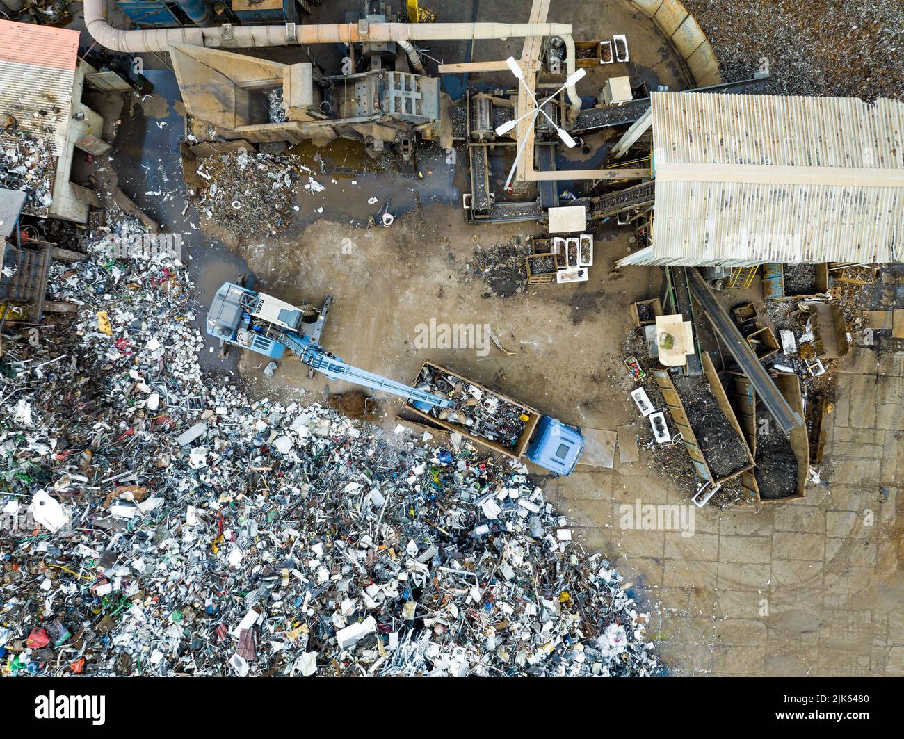 Scrap Metal Recycling. Aerial View of Industrial Scrap Processing