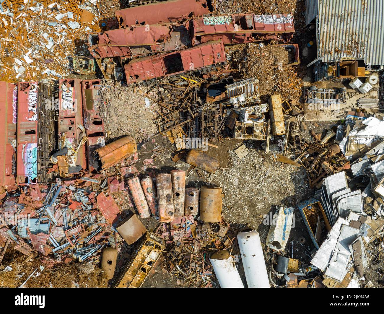Scrap Metal Recycling. Aerial View of Industrial Scrap Processing