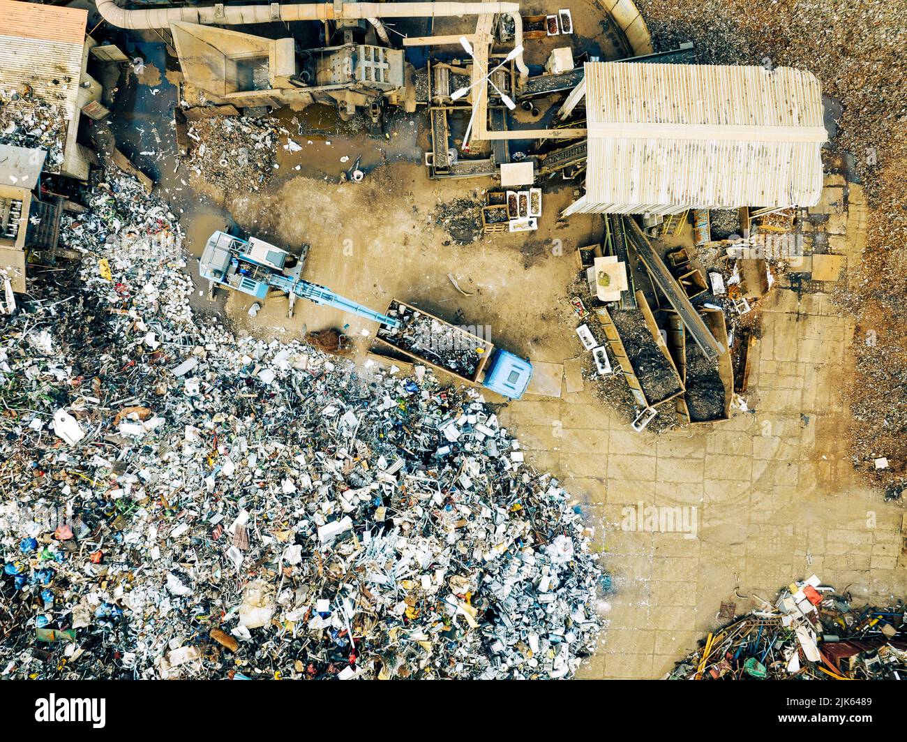 Scrap Metal Recycling. Aerial View of Industrial Scrap Processing