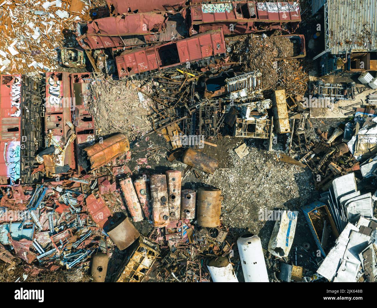 Scrap Metal Recycling. Aerial View of Industrial Scrap Processing