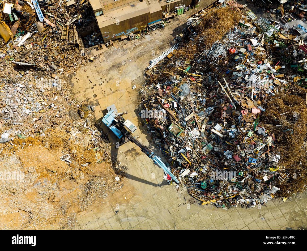 Scrap Metal Recycling. Aerial View of Industrial Scrap Processing