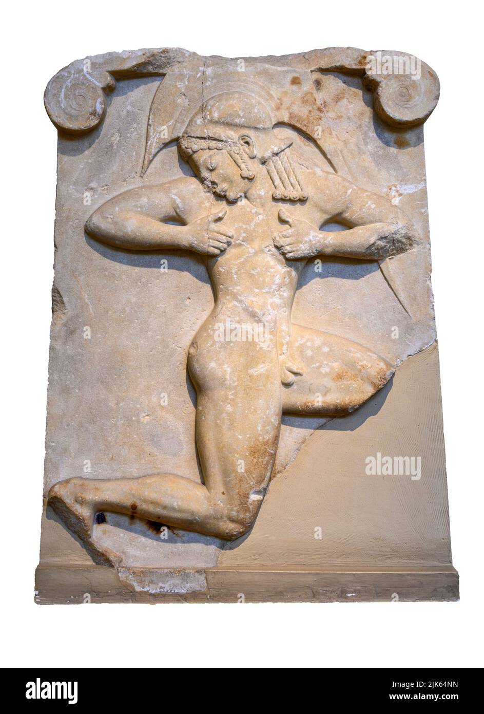 Relief plaque from Thesion, Athens, of a naked youth running. He may be an athlete in a hoplite race or a pyrrhic dancer. About 500 BC. in the Nationa Stock Photo