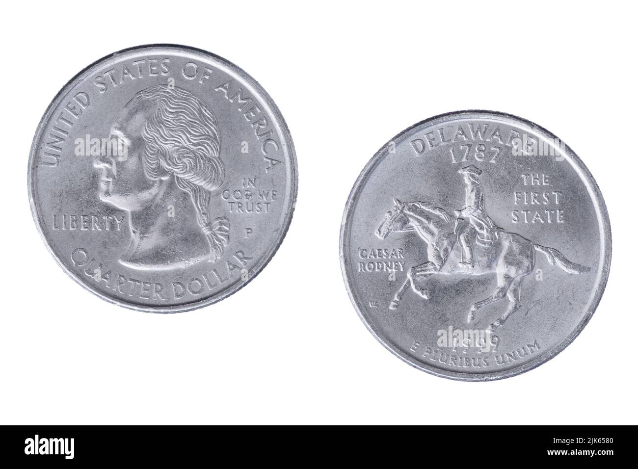 Obverse and reverse sides of the Delaware 1999P State Commemorative Quarter isolated on a white background Stock Photo