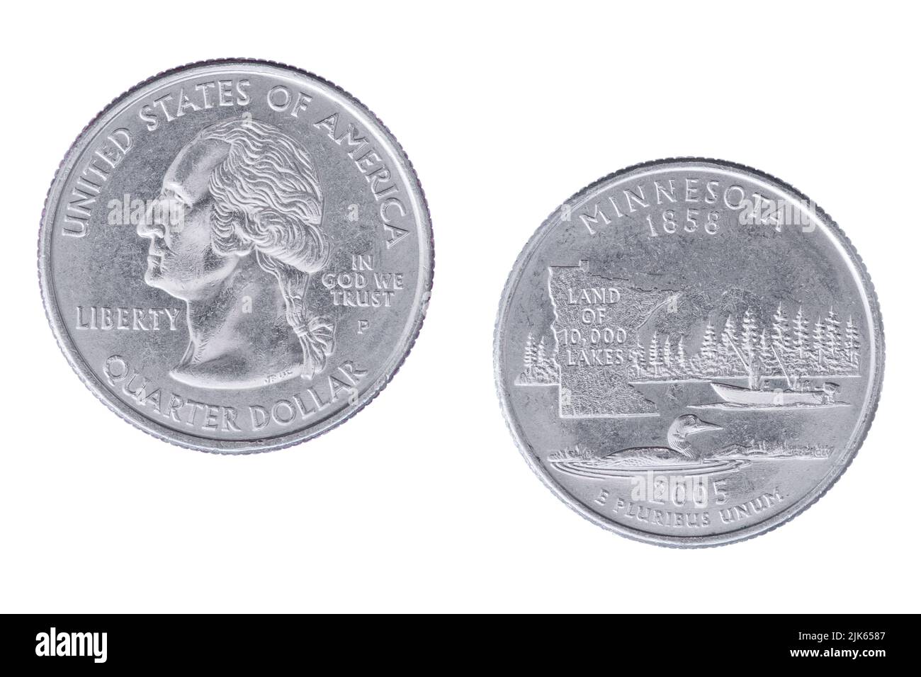 Obverse and reverse sides of the Minnesota 2005P State Commemorative Quarter isolated on a white background Stock Photo