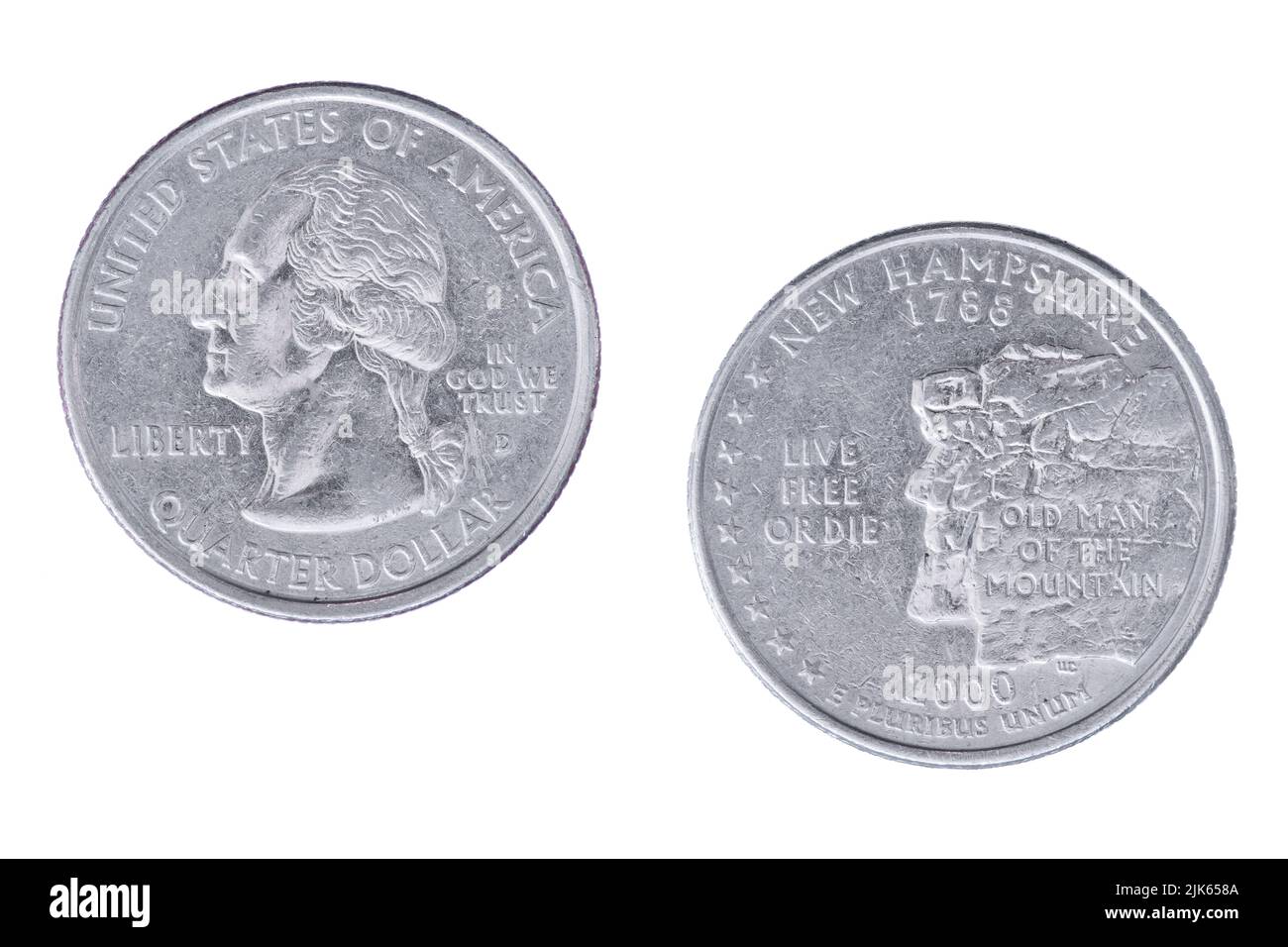 Obverse and reverse sides of the New Hampshire 2000D State Commemorative Quarter isolated on a white background Stock Photo