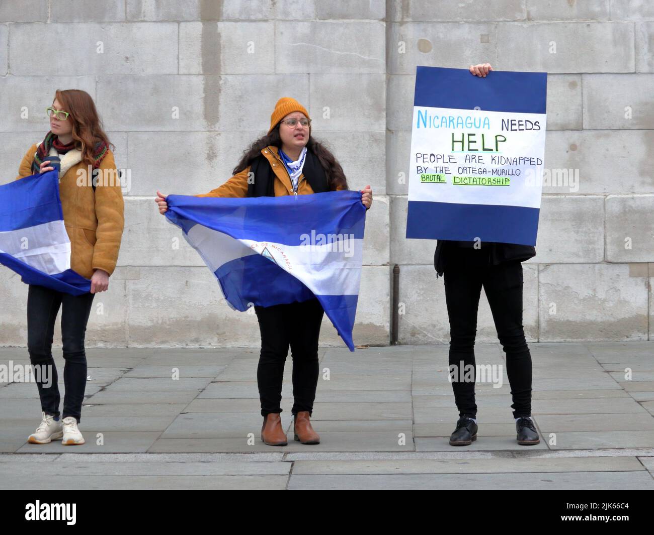 London, UK - December 06, 2020: Demonstrators in Trafalgar square protesting against Ortega regime in Nicaragua Stock Photo