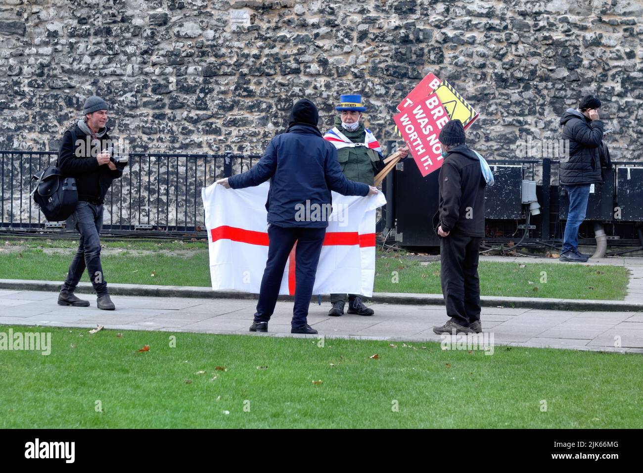 London, UK - December 30, 2020: Brexit protester in the Abingdon Street Gardens, London, UK Stock Photo