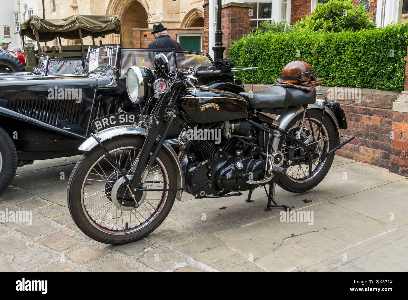 1950 Vincent motor bike on display at Lincoln 1940's weekend, Lincoln Cathedral Quarter, 23rd July 2022 Stock Photo
