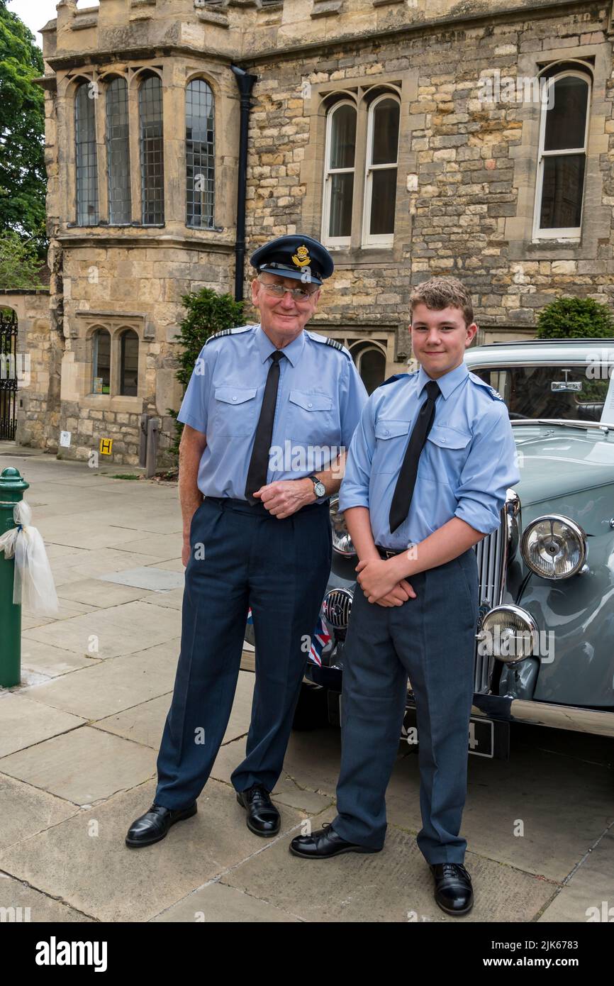 Gentleman dressed as RAF wing commander with young sergeant cadet at Lincoln 1940's weekend, Lincoln Cathedral Quarter, 23rd July 2022 Stock Photo