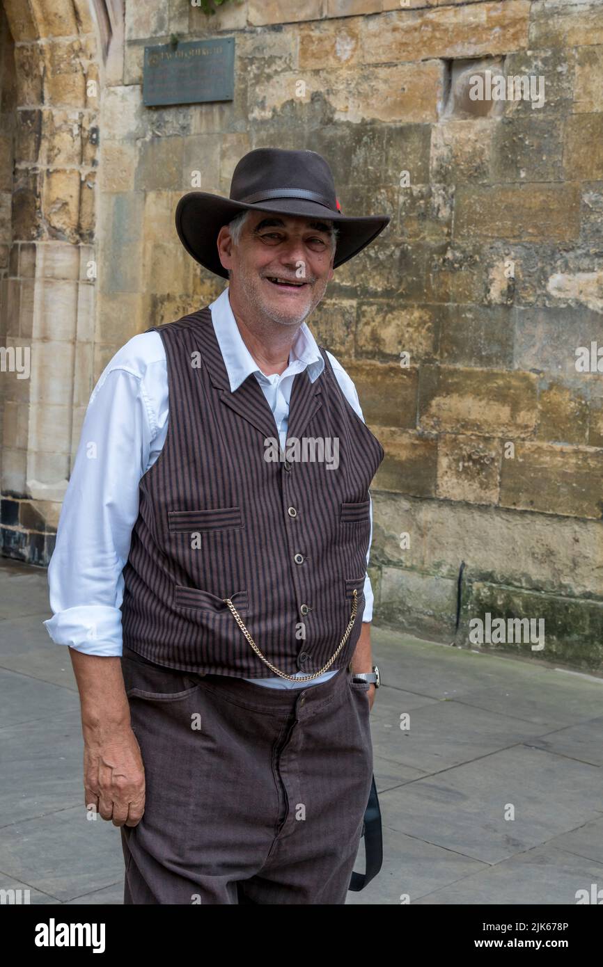 Gentleman in period dress at Lincoln 1940's weekend, Lincoln Cathedral Quarter, 23rd July 2022 Stock Photo