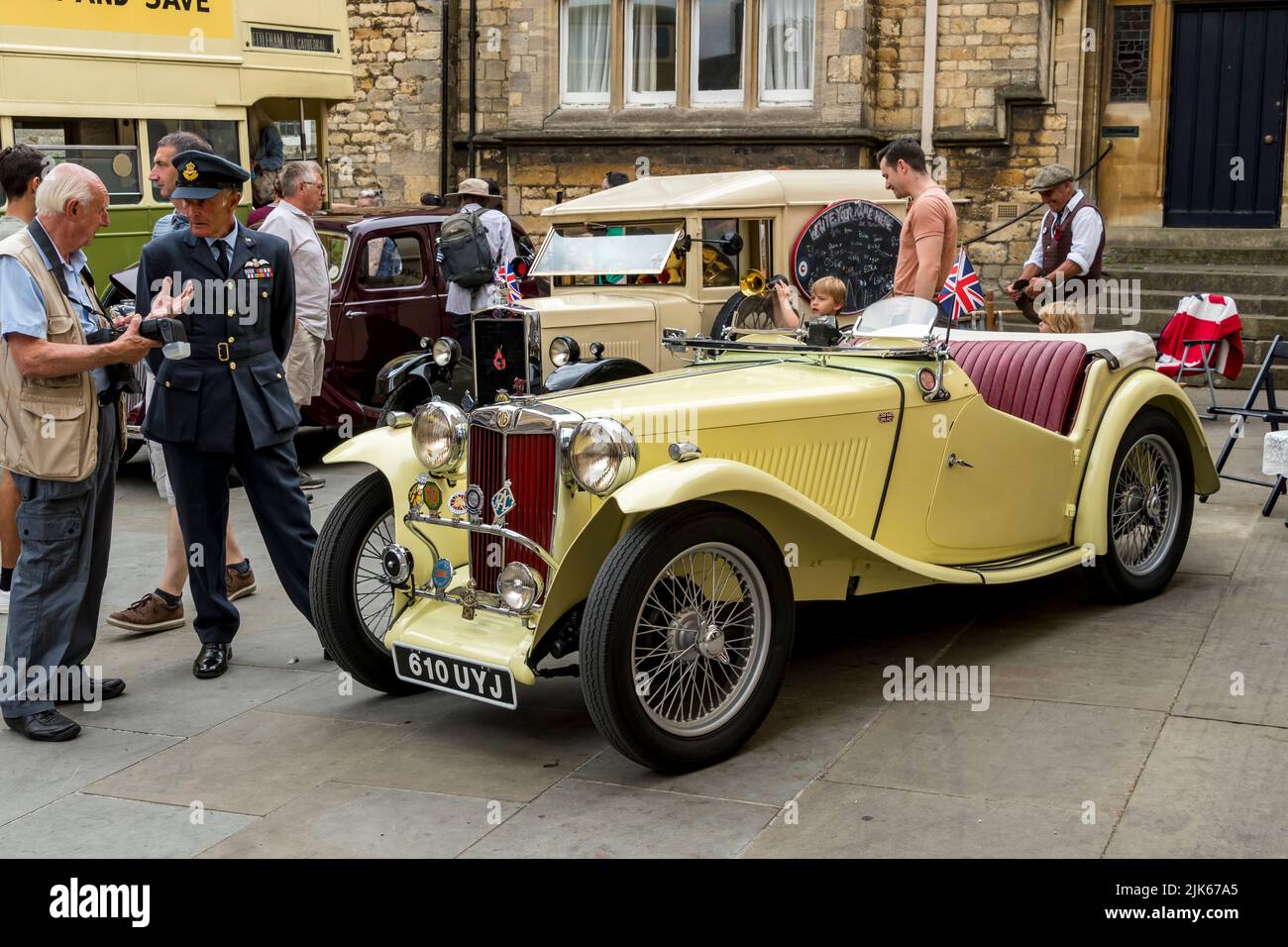 Old MG T-type open sports car on display at Lincoln 1940's weekend, Lincoln Cathedral Quarter, 23rd July 2022 Stock Photo